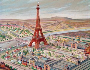 Uitzicht op de Wereldtentoonstelling met de verschillende paviljoens en de Eiffeltoren