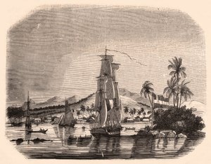 Uitzicht op de baai van Papeete en blok Koningin, Tahiti, Frans-Polynesië en op de voorgrond zeilboten en boten