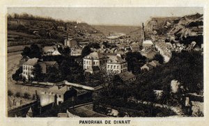 Uitzicht op de stad Dinant, Wallonië, België. Chromolithografie van het einde van de 19e eeuw.