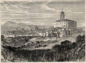 Zicht op de stad Monterotondo in Italië. Gravure in 