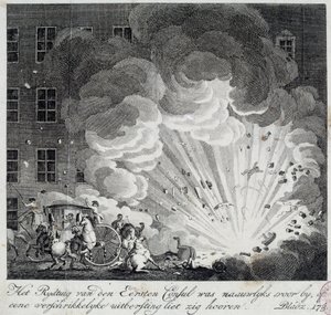 Uitzicht op de explosie van de helse machine van de rue Saint Nicaise in Parijs op de 3e nivose an IX