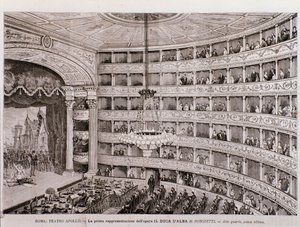 Uitzicht op de eerste uitvoering van de opera De Hertog van Alba, in het Teatro Apollo, Rome door Unknown artist