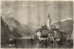 Zicht op het klooster Mater Ecclesiae op het eiland San Giulio op het Ortameer in Italië. Gravure naar een schilderij van William Collingwood Smith. In 