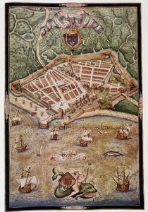 Uitzicht op de haven van Le Havre in 1583 - uit een verlucht manuscript door Jacques Delvaux, piloot van de marine, opgedragen aan Admiraal de Joyeuse door Unknown artist