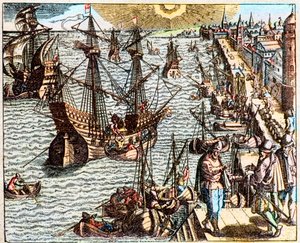Zicht op de haven van Lissabon in de 16e eeuw