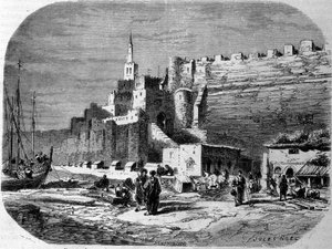 Uitzicht op de haven van de versterkte stad Tanger en de kust, Marokko. Gravure uit 1860 door Unknown artist