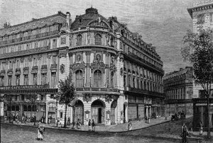 Zicht op het Théâtre du Vaudeville in Parijs. door Unknown artist