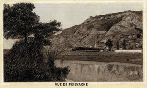 Zicht op het dorp Poilvache, Vallei van de Maas, België. Chromolithografie van het einde van de 19e eeuw. door Unknown artist