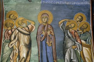 Maagd Maria onder de uitverkorenen, fresco (1192), Panayia Tou Araka Kerk (Kerk van Onze Lieve Vrouw van Pea) (Unesco Werelderfgoedlijst, 2001), Lagoudhera, Troodos bergen, Cyprus