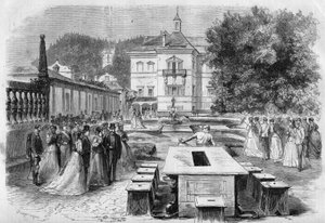 Bezoek van keizer Francois-Joseph en keizerin Elisabeth van Oostenrijk (Sissi) met Eugenie, keizerin van de Fransen en Napoleon III aan de keizerlijke residentie van Hellbrunn in Oostenrijk op 21 augustus. door Unknown artist