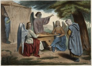 Bezoek van de drie engelen aan Abraham: Abraham verneemt dat zijn vrouw Sarah (op de achtergrond), al heel oud, hem binnenkort een zoon zal schenken. Anonieme gravure uit het midden van de 19e eeuw.