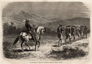 Vrijwilligers op weg naar Cali, een lange rij mannen met hun handen achter hun rug gebonden, verbonden door een touw aan elkaar, een touw vastgehouden door een soldaat te paard, die hen naar een militair trainingskamp brengt. Gravure ter illustratie van de door Unknown artist