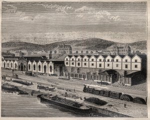 Vue du chateau de Pekin, hoofdvestiging van de Compagnie des grands vins de Champagne door Eugene Mercier (1838-1904) en Cie nabij Epernay - Gravure in 