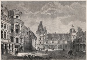 Buitenaanzicht van het kasteel van Blois met de monumentale trap - Gravure in 