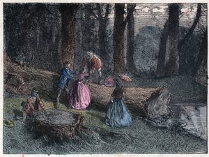 Wandelaars proberen de leeftijd van een dode eik te berekenen door de stam van de boom te bestuderen. Gravure eind 19e eeuw.