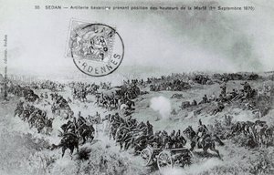 Oorlog van 1870: Beierse artillerie neemt positie in vanaf de hoogten van de Marfe in de Ardennen op 01/09/1870 door Unknown artist