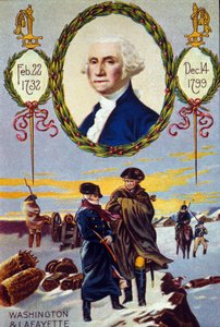 Onafhankelijkheidsoorlog van de Verenigde Staten: de Markies de Lafayette ontmoette George Washington in Valley Forge om hem te helpen in 1777. Chromolithografie uit de 19e eeuw door Unknown artist