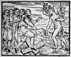 Hekserij: de duivel en de mannen die op het katholieke kruis lopen - gravure door Unknown artist