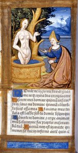 Vrouw bij haar toilet. Pagina van een manuscript uit de Pentateuch. 15e eeuw. Bibl. Braidense, Milaan
