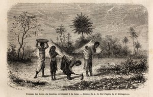 Vrouwen van de oevers van de Zambezi die een hak ontginnen en kinderen introduceren in landbouwarbeid. Gravure ter illustratie van Dr. Livingstone