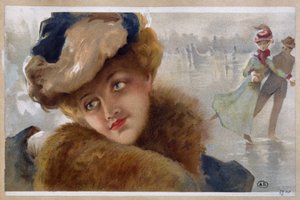 Vrouwen op een ijsbaan - chromo door Unknown Artist