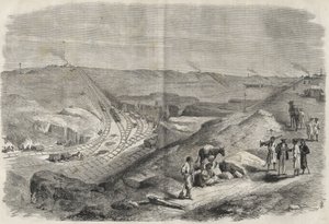Werkzaamheden aan het Suezkanaal 1864 - Bouwplaats en boorwerkzaamheden aan het Suezkanaal in 1864 (Chaluf Tranchée). door Unknown artist