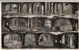 Werken in de zoutmijn van Wieliczka - mijnstad in Polen - Zicht op ondergrondse werken in de zoutmijnen van Wieliska, in Galicië - gravure in 