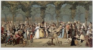 Wereldwandeling door de tuinen van het Koninklijk Paleis, eind 18e eeuw - chromo naar de gravure van Debucourt door Unknown artist