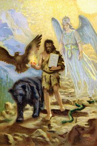 Zarathustra, geleid door de Aartsengel en vergezeld door dieren, daalt af tussen mensen om de tafelen van de wet te brengen door Unknown artist