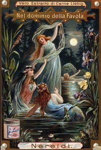 Weergave van nereïden, mariene nimfen. 19e-eeuwse chromolithografie door Unknown artist