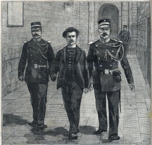 De Italiaanse anarchist Luigi Luccheni (Lucheni), moordenaar van keizerin Elizabeth van Oostenrijk (Sissi), voor het gerecht gebracht in 1898.