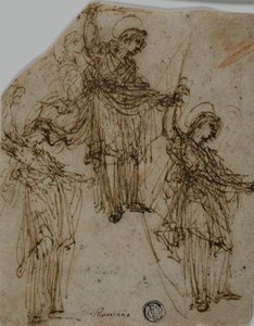 Schetsen van een staande heilige die een zwaard vasthoudt (recto); Schetsen van figuren en hoofden (verso) door Unknown Lombard