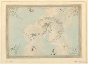 Tekening, plafondontwerp met duiven en bloemenkransen, mogelijk voor de entreehal, 1815-22 door Unknown artistUnknown artist