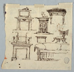 Tekening, schoorsteenstukken, meubilair en plafondmedaillon, 1790-1810 door Unknown artistUnknown artist