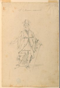 Tekening, Kostuumontwerp: Een man in fantastische kleding voor een ballet, ca. 1720