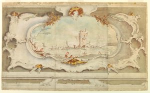 Tekening, decoratieve cartouche met een landschap, ca. 1770 door Unknown artistUnknown artist