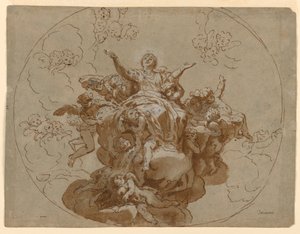 Tekening, Ontwerp voor een plafond met de Hemelvaart van de Maagd, 1700-1730 door Unknown artistUnknown artist