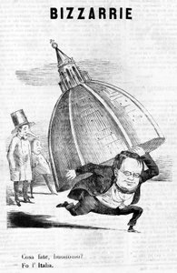 - Wat doet u, meneer? - Ik maak Italië (Cavour met de koepel van Florence) satirische gravure van Il Fischietto