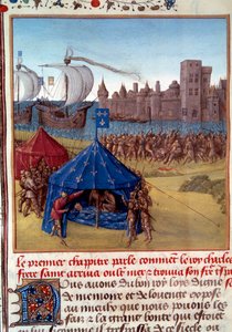 8e Kruistocht: De dood van Saint Louis (Lodewijk IX) (1214/1215-1270) door de pest in Tunis. Miniatuur uit 