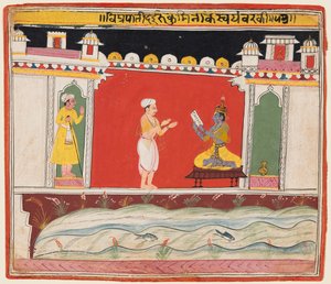 Een Brahmaan geeft Krishna de boodschap of uitnodiging voor de competitie voor Rukmini