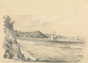 Een kustlijn met schepen op zee