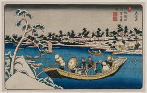 Een verre blik op sneeuw op de Sumida-rivier in Edo