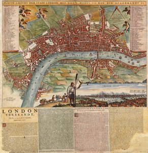 Een Nederlandse kaart die gebieden toont die door de Grote Brand van Londen zijn verwoest