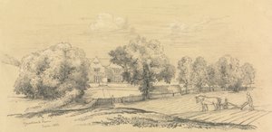 Een Boerderij met Boer en Zijn Paard en Ploeg op de Voorgrond door Unknown artist