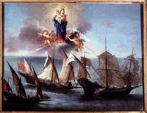 Een Genua-boot aangevallen door een galei en een barbaarse half-galij. Ex-voto 1796. Museo navale di Genova-Pegli