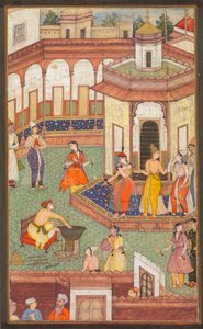 Een man dompelt zijn hand in een ketel terwijl dames van het harem in verbazing staan: Een pagina uit een manuscript van religieuze geschiedenis