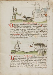 Een man met een zwaard en een hond met een bot; een wolf en een varken