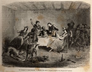 Een banket in Lauramarca (Laag-Peru), een man omringd door Indiaanse vrouwen, wordt bediend en verwend, terwijl zijn dienaren zonder zijn medeweten ruzie maken. Gravure ter illustratie van de reis in de valleien van Quinquinas (Peru), door door Unknown artist
