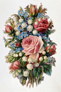 Een gemengd boeket met rozen, lelietje-van-dalen.