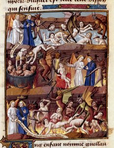 Een kind genaamd Guillaume observeert de kwellingen van de verdoemden in de hel door Unknown artist